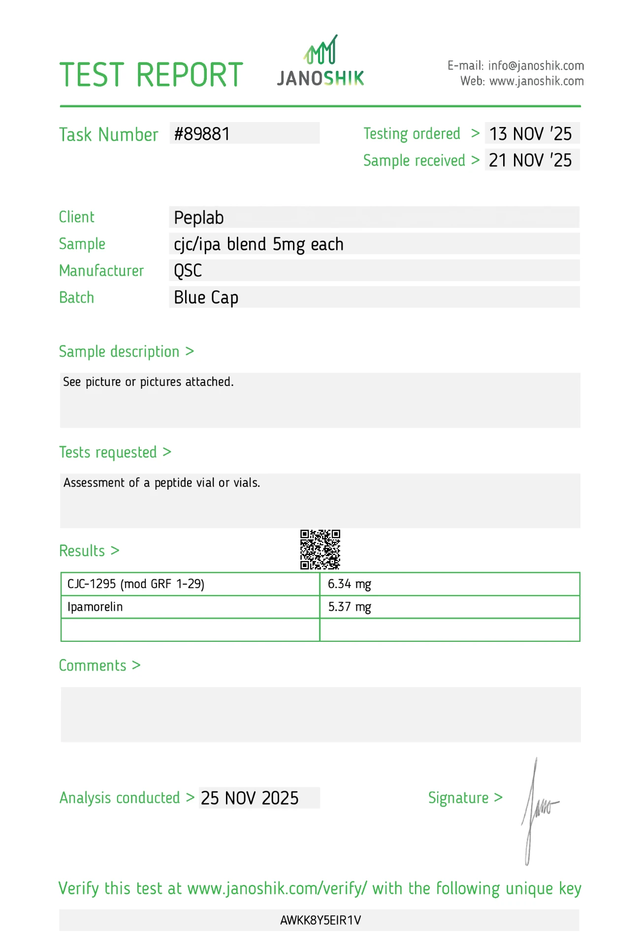 Analysezertifikat CJC-1295 No DAC + Ipamorelin